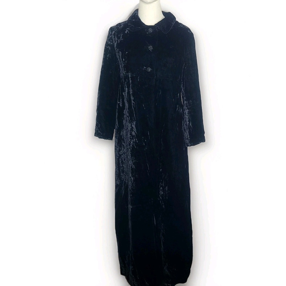 Vtg 60s/70s Black Crushed Velvet Opera Maxi Formal Coat Rhinestone Buttons